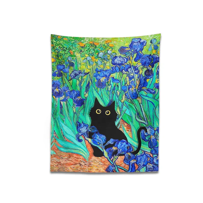 Decorbites™ Iris-Teppich mit Katze: Von Van Gogh inspirierte Kunst mit schwarzer Katze & Blumenmuster
