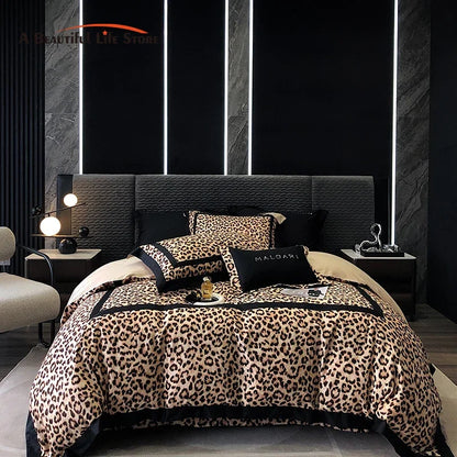 Decorbites™ Leopard-Muster Lyocell-Baumwoll-Bettwäsche-Set, Luxus-Daunenbezug, Laken & Kissenbezüge