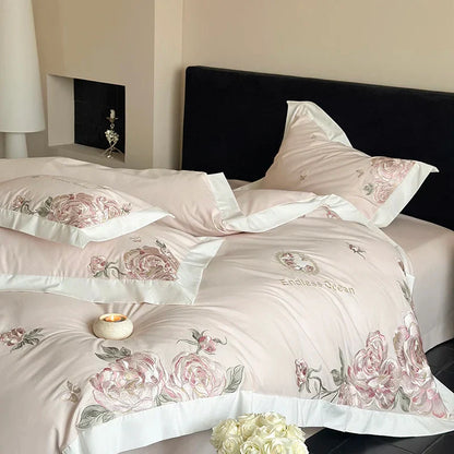 Decorbites™ 4-teiliges Bettwäsche-Set mit rosa-lila Blumenstickerei in 1000TC ägyptischer Baumwolle