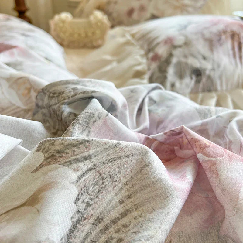 Decorbites™ Französisches Vintage-Spitzen-Prinzessinnen-Bettwäsche-Set mit Blumenprint-Bettüberzug