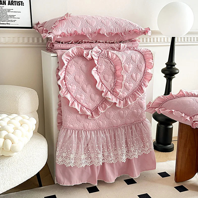 Decorbites™ Koreanische Prinzessin-Stil-Bettwäsche-Set mit Spitzenvolants und Liebesthema