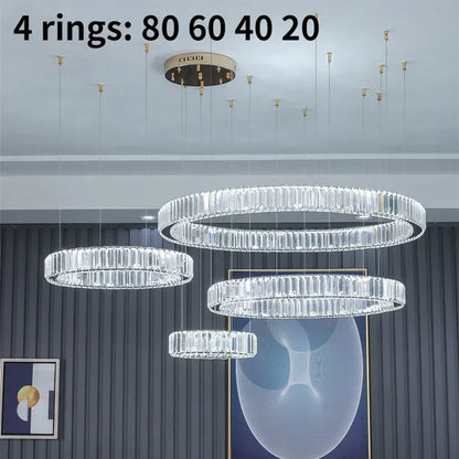 DecorBites™ Crystal LED Chandelier Rings Pendant Lamp Luxury Villa Stair Decoration