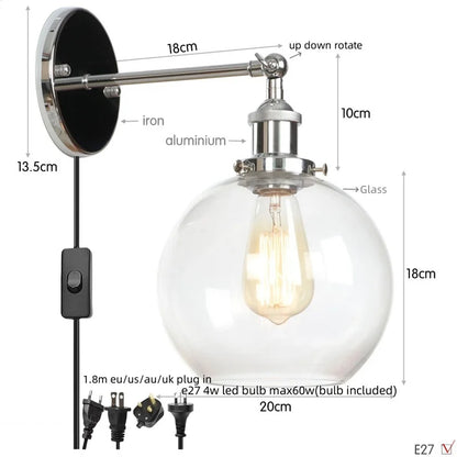 Decorbites™ Glasgloben-LED-Wandleuchte mit einarmiger Armatur Nachttischlampe im Vintage-Industrial-Stil