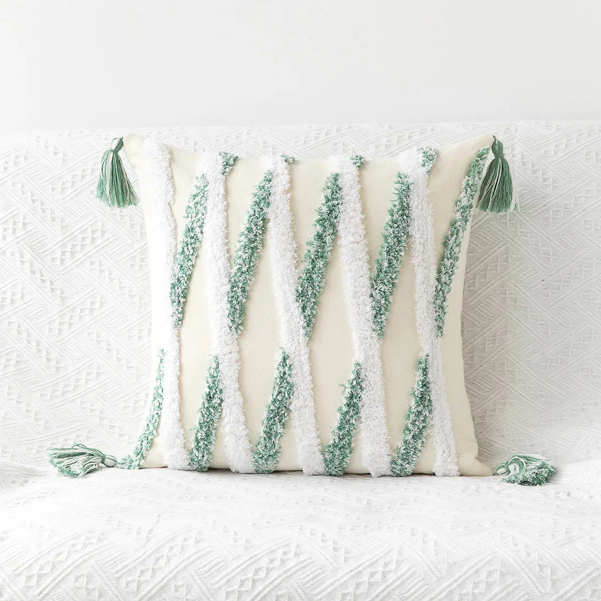 DecorBites™ Geometric Tufted Embroidery Flowers Boho Cushion Cover with Tassel