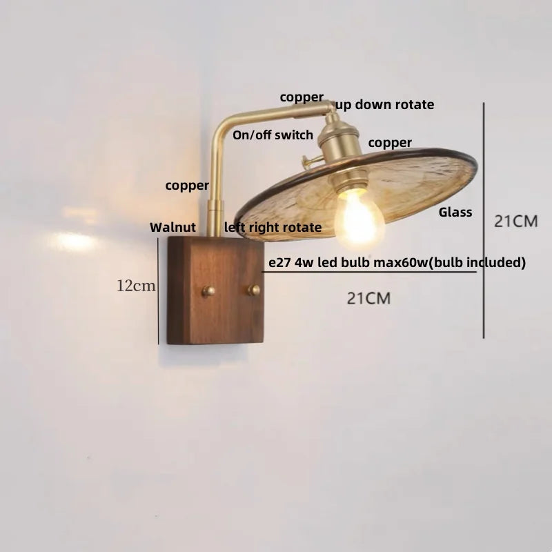 Decorbites™ LED-Wandleuchte aus Walnussholz, drehbar, Kupfer-Nachttischlampe
