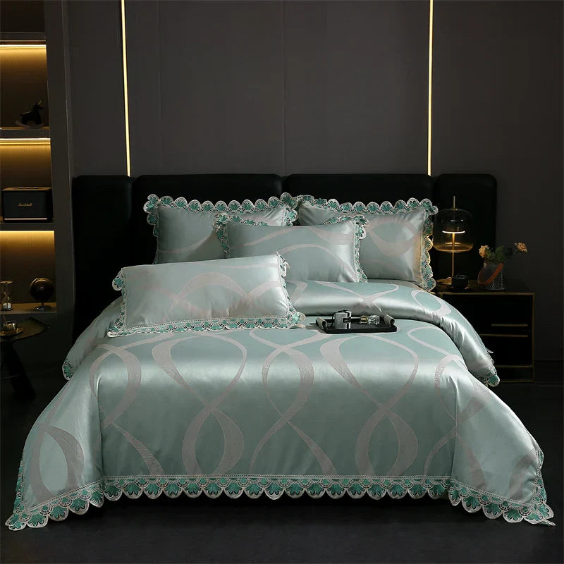 Decorbites™ Golden Jacquard-Baumwoll-Spitzen-Bettwäsche-Set – Seidig weiche Daunendecke, Spannbettlaken, Kissenbezug