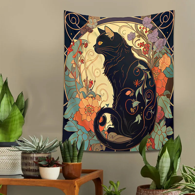 DecorBites™ Black Cat Tapestry Wall Hanging - Psychedelic Floral Art for Cat Lovers