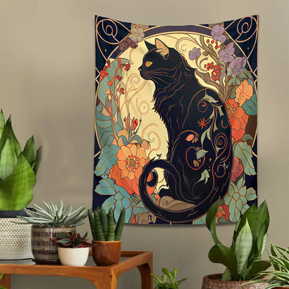 DecorBites™ Black Cat Tapestry Wall Hanging - Psychedelic Floral Art for Cat Lovers