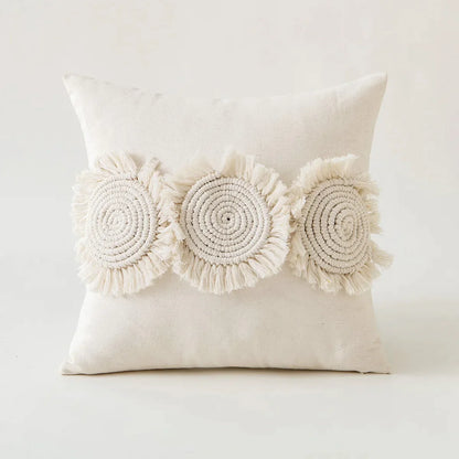 DecorBites™ Beige Tufted Fringed Cushion Cover Cotton Linen Tassel Crochet Pillow Cover