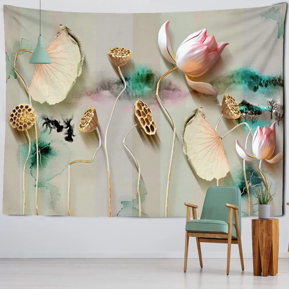 Decorbites™ Tintenlotus-Koi-Gobelin: Boho-Ästhetik Psychedelische Raumkunst Hippie-Dekoration