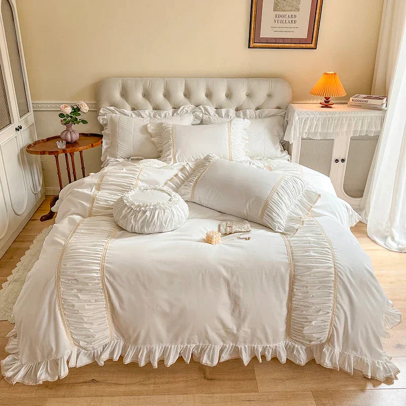 Decorbites™ Koreanische Prinzessinnen-Stil Baumwoll-Bettwäsche-Set mit Plissevolants und weichem Steppbettbezug
