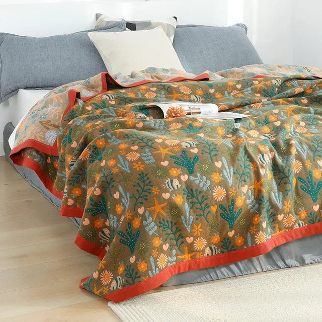 DecorBites™ Japanese Cotton Gauze Flower Blanket: Soft and Breathable Summer Throw