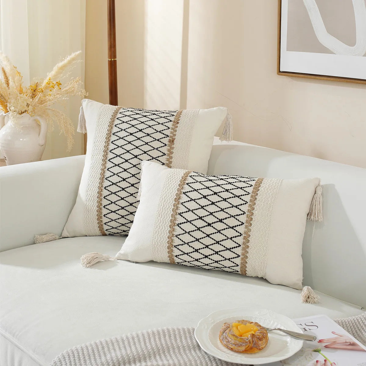 DecorBites™ Linen Stripe Diamond Woven Cushion Cover 45x45cm with Tassels