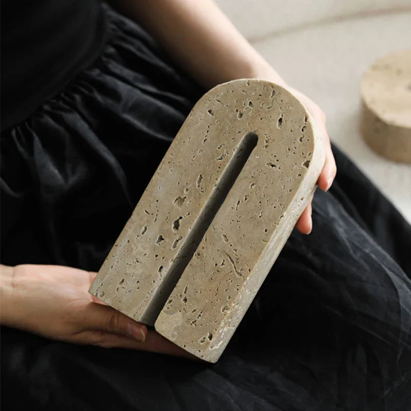 DecorBites™ Beige Travertine Stone Bookends - Luxury Vintage Book Holder Decor