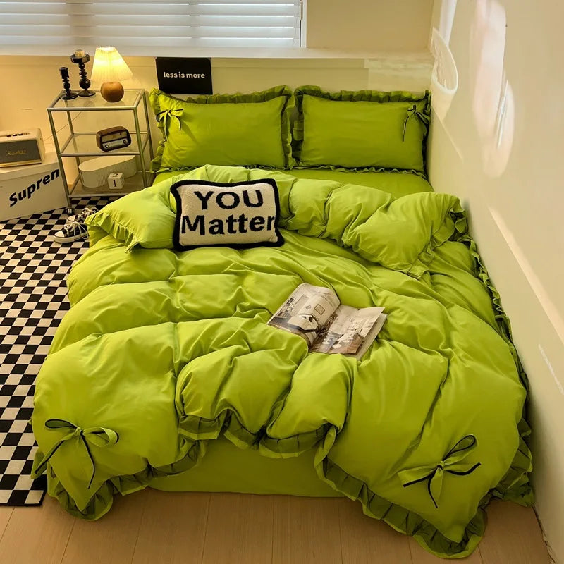 DecorBites™ Cotton Embroidery Bedding Set with Lace for All Seasons