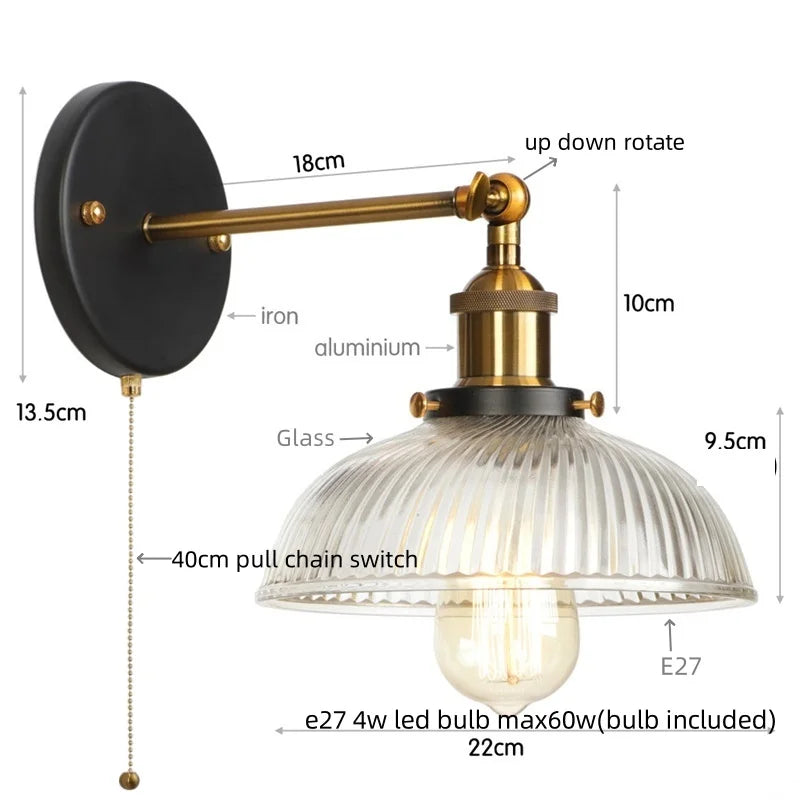 Decorbites™ Glas-Industrie-LED-Wandleuchte mit Zugschalter, Vintage-Nachttischlampe