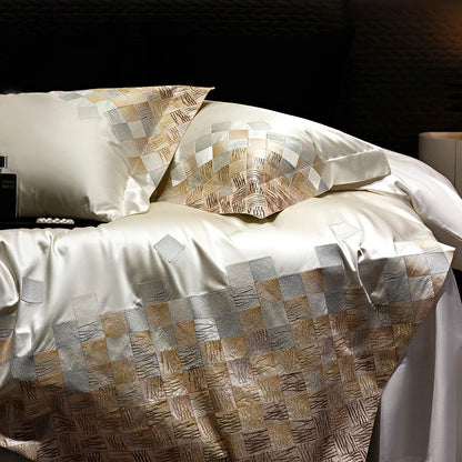 Decorbites™ 4-teiliges Luxus-Stickerei-Bettwäsche-Set in Perlmuttweiß/Grau Satin-Brokat-Baumwolle
