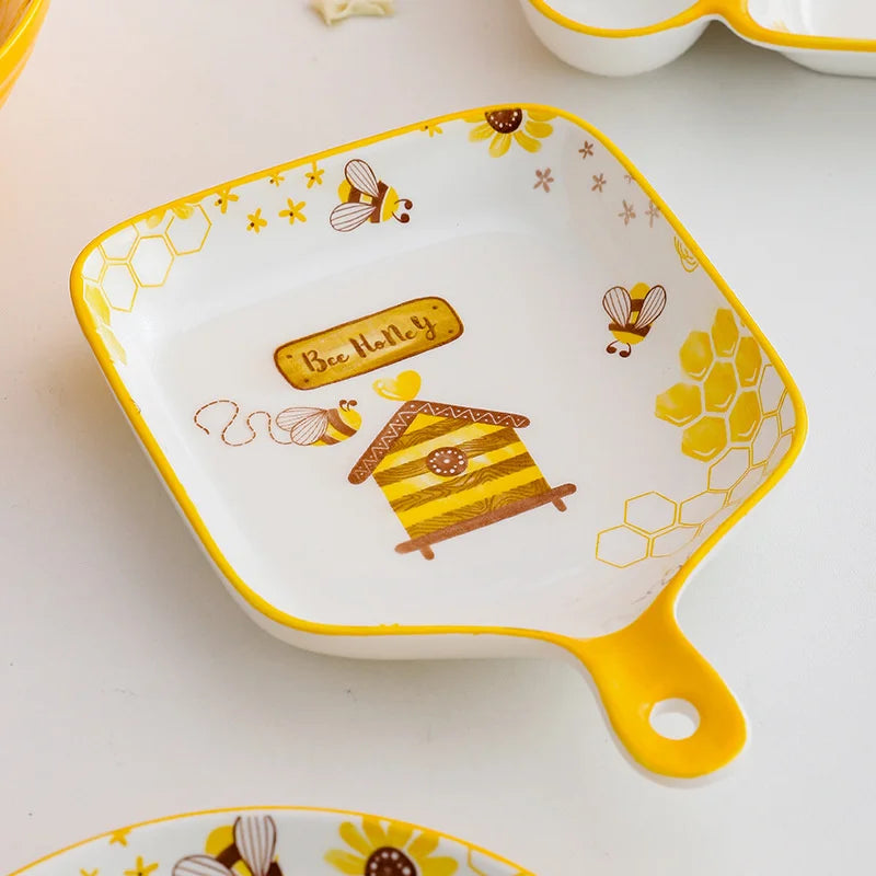 Decorbites™ Kleine Biene Keramik-Teller mit Griff: Multifunktions-Backblech für Desserts & Snacks
