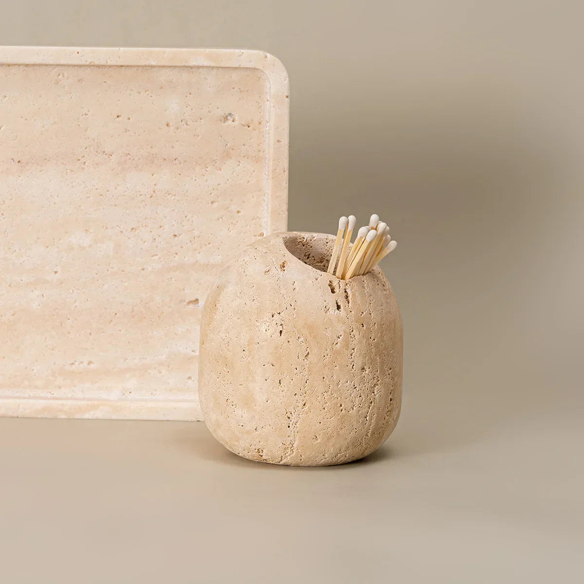 DecorBites™ Beige Travertine Match Holder - Vintage Marble Toothpick Holder & Home Decor