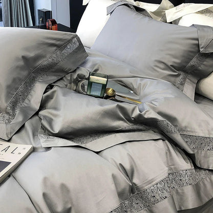 DecorBites™ Grey Hollow Lace 1000TC Egyptian Cotton Bedding Set with Wide Edge