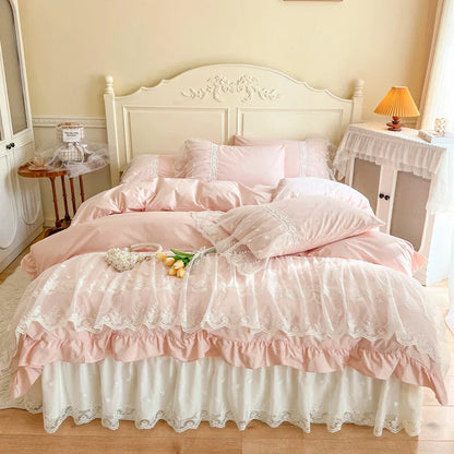 Decorbites™ Französische Prinzessin-Spitzen-Volants-Bettwäsche-Set, 100% Baumwolle, Pink Romantisches Thema