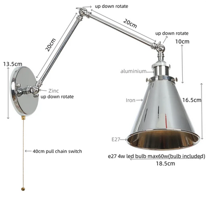 Decorbites™ Industrielle Linse Vintage-Loft-LED-Wandleuchte mit Schwingarmen und Zugschalter