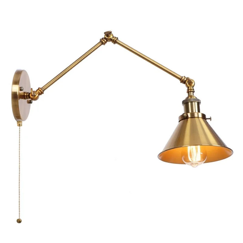 DecorBites™ Gold Long Arm LED Wall Sconce with Pull Chain Switch, Adjustable Industrial Bedside Lamp