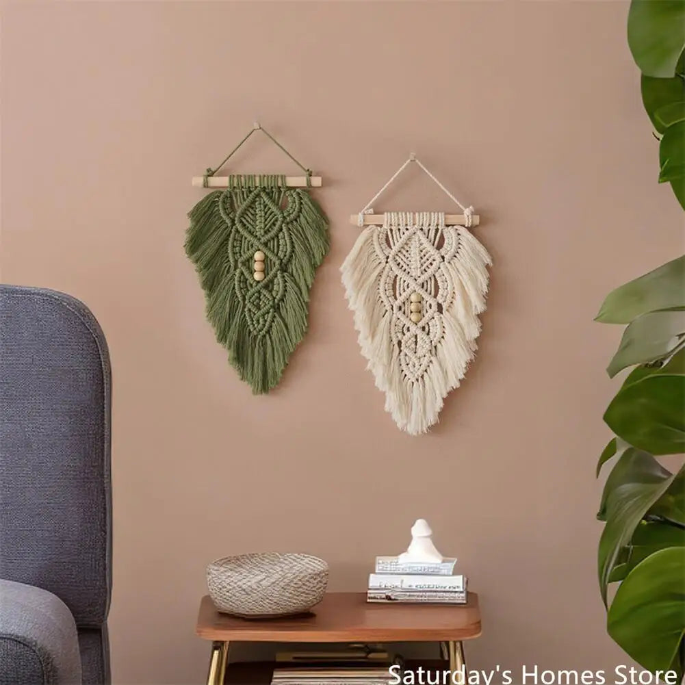 Decorbites™ Handgefertigtes Makramee-Blätter-Hänge-Teppich Wanddekoration Mini-Teppich mit Holzstab