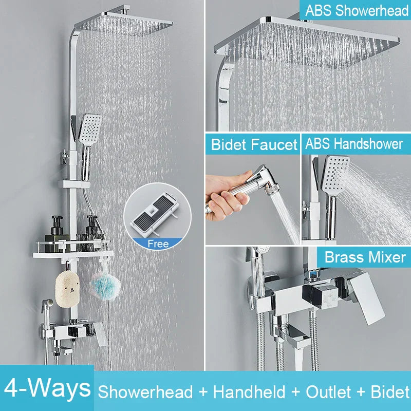 Decorbites™ Schwarzes Messing-Duscharmatur-Set Regendusche Badewannenarmatur mit Badezimmerregal