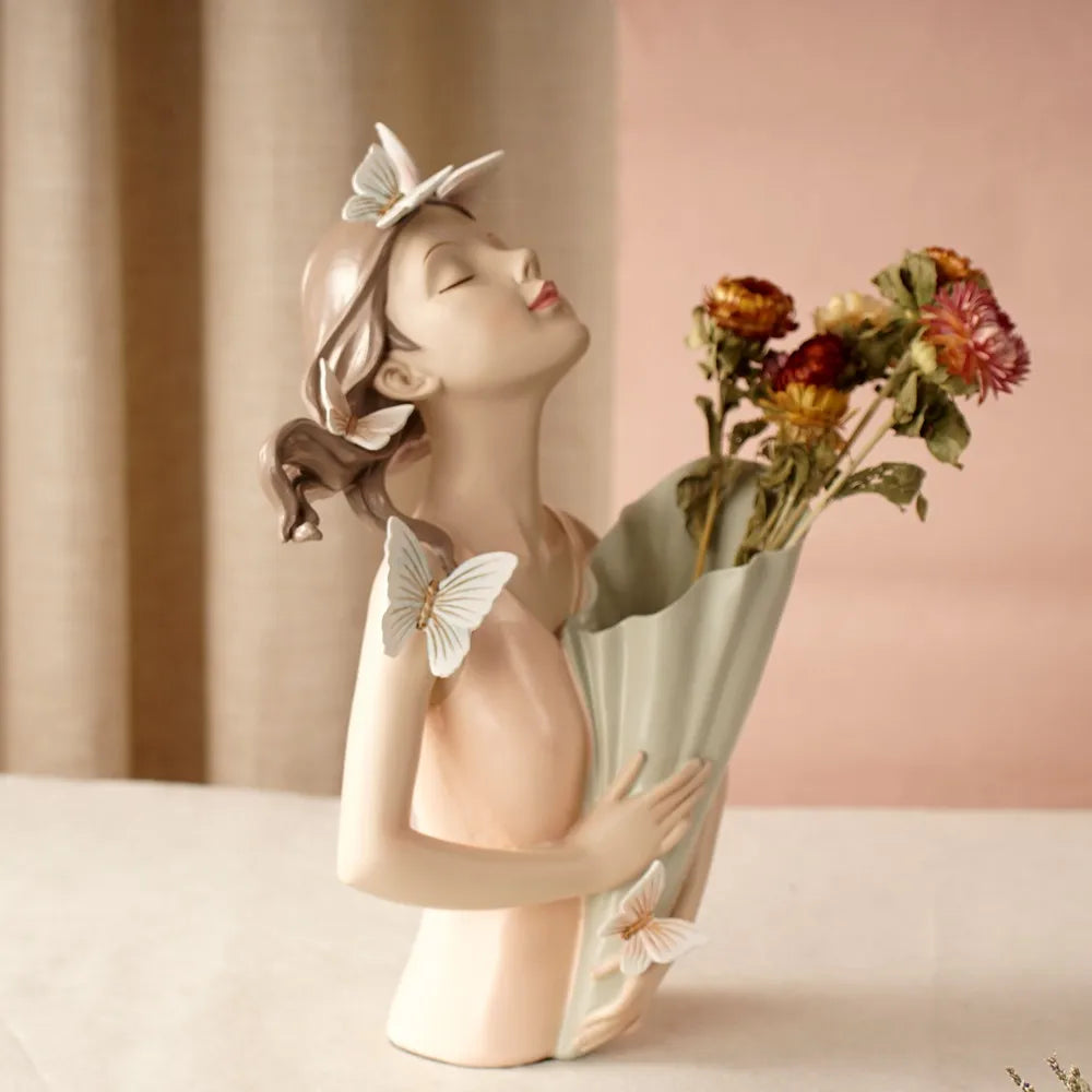 DecorBites™ 30cm Pink Butterfly Girl Vase Statue Modern Home Decor Resin Figurines