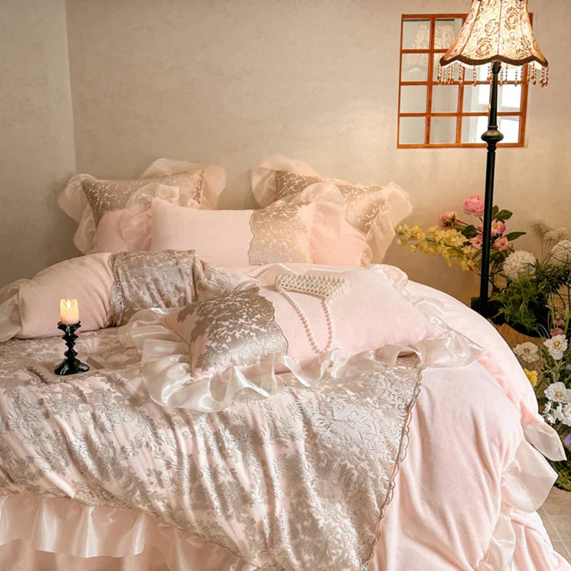 Decorbites™ Französische Spitzen-Volants-Prinzessinnen-Bettwäsche-Set mit warmer Milchsamt-Duvet-Cover