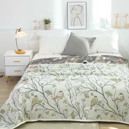 Decorbites™ Japanische Baumwoll-Einzelbettüberwurf mit Kissenhandtuch - Design mit Blumen und Vögeln