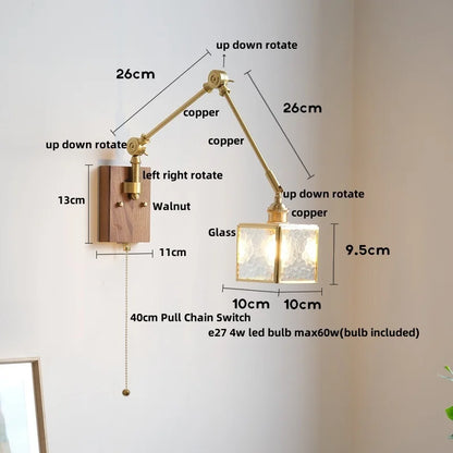 DecorBites™ Cube Glass LED Wall Sconce Walnut Wood Rotatable Mirror Light