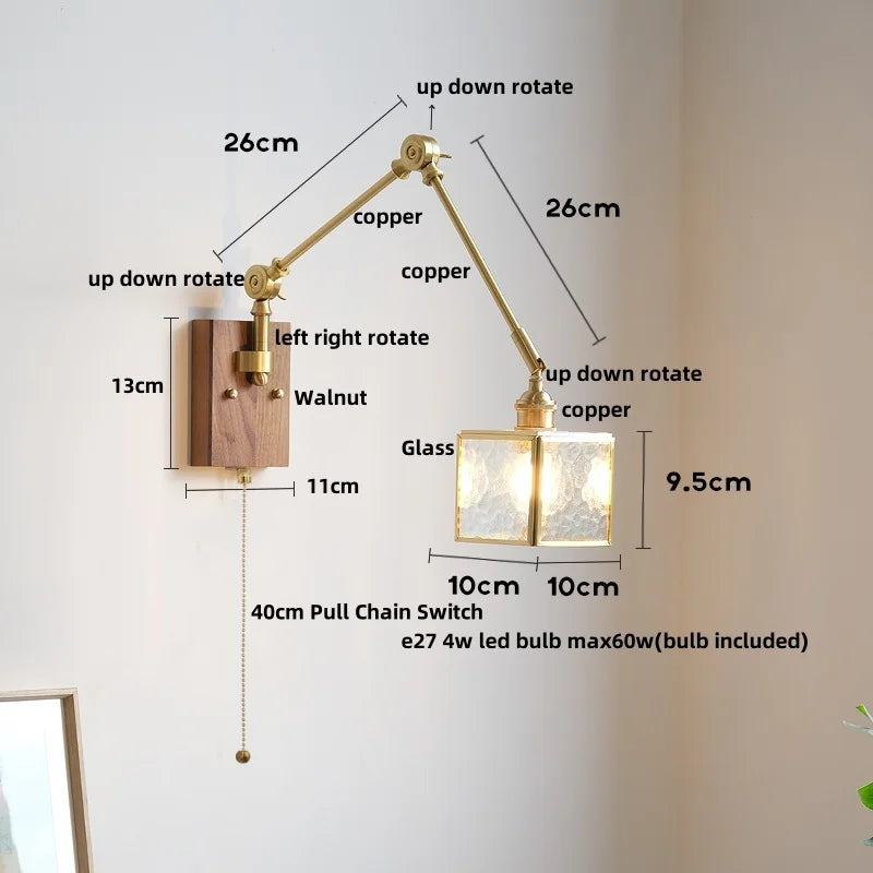 DecorBites™ LED Walnut Wood Cube Glass Wall Light with Pull Chain Switch