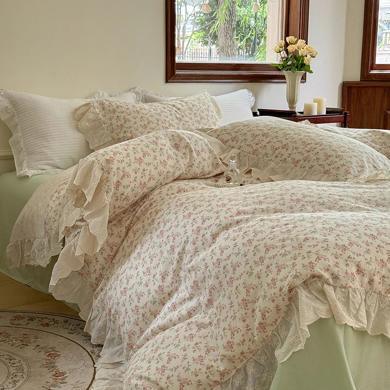 Decorbites™ Elegantes Blumen-Spitzen-Volants-Bettwäsche-Set mit Doppelfaden - Weiche Baumwollmischung