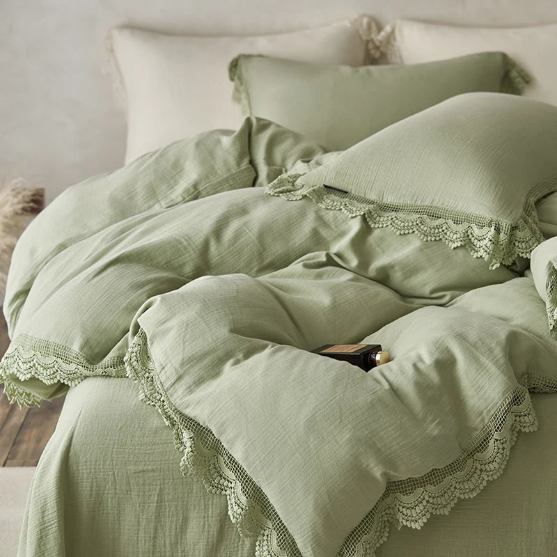 Decorbites™ Baumwoll-Bettwäsche-Set mit Spitzenkante für empfindliche Haut mit Steppdecke, Laken und Kissenbezügen