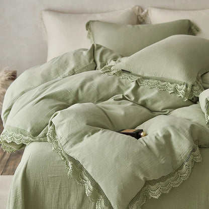 Decorbites™ Baumwoll-Bettwäsche-Set mit Spitzenkante für empfindliche Haut mit Steppdecke, Laken und Kissenbezügen