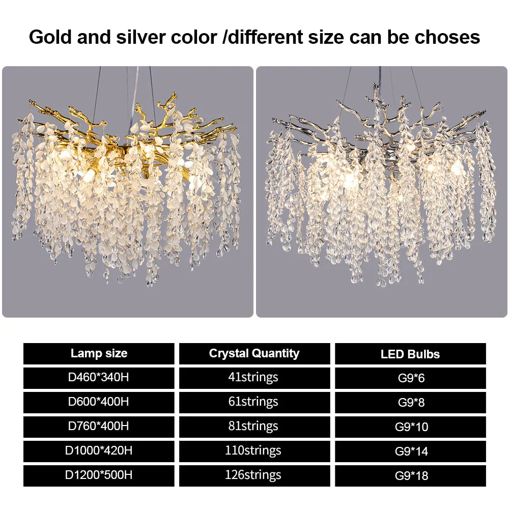 DecorBites™ Grape Crystal Chandelier Silver Gold LED Tree Branch Luxury Lighting