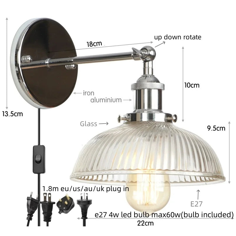 Decorbites™ Glas-Industrie-LED-Wandleuchte mit Zugschalter, Vintage-Nachttischlampe