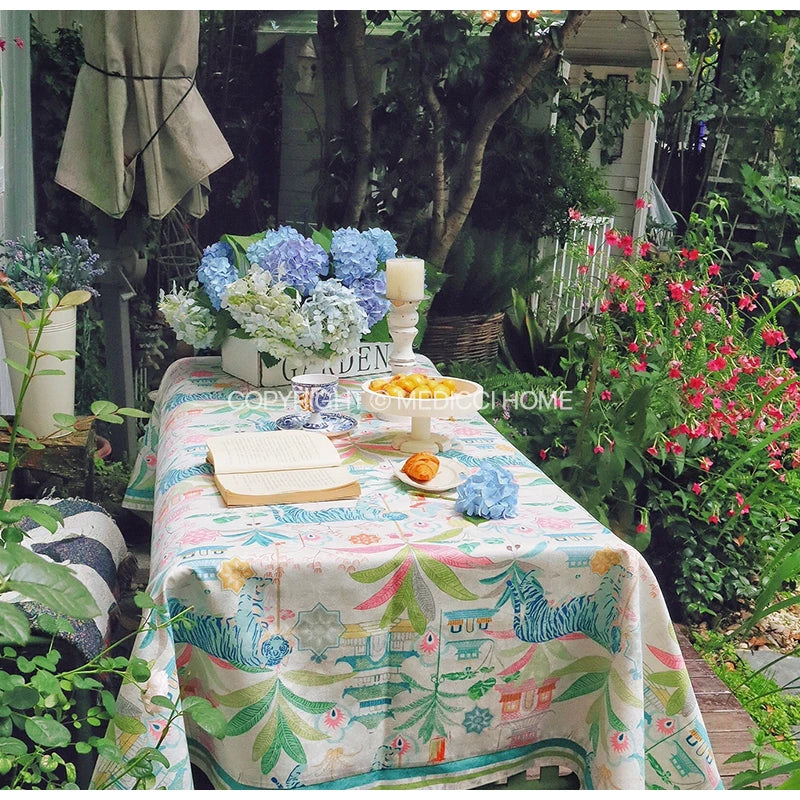 DecorBites™ Jungle Vibes Tablecloth: Tiger Plants & Pagoda Print for Kitchen Garden