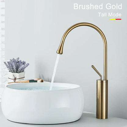 DecorBites™ Gold Tall Basin Faucet, 360 Swivel Waterfall Mixer for Bathroom Washbasin