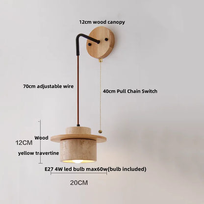 DecorBites™ Copper Wood LED Wall Sconce Yellow Travertine Stone Bedside Light