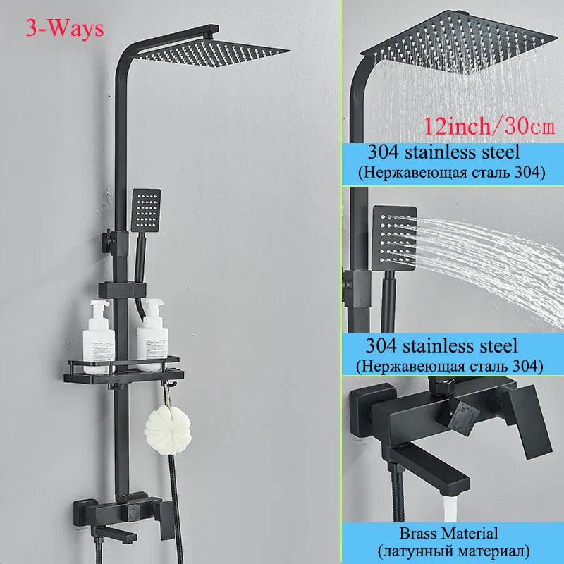 Decorbites™ Schwarze Messing-Duscharmatur-Set mit drehbarem Badewannen-Auslauf und Regendusche-Säule