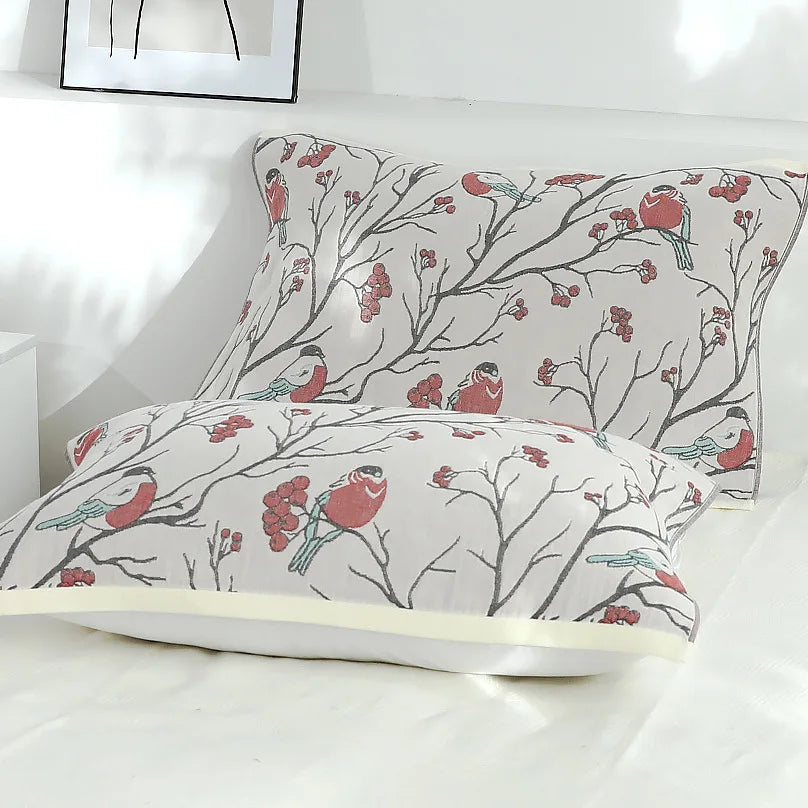 Decorbites™ Japanische Baumwoll-Einzelbettüberwurf mit Kissenhandtuch - Design mit Blumen und Vögeln