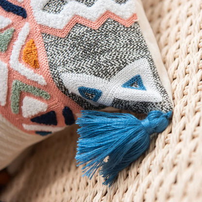 DecorBites™ Geometric Embroidered Cushion Cover with Tassels for Home Decor