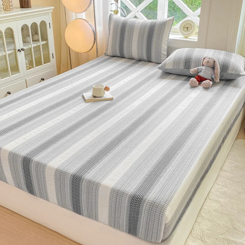 DecorBites™ Cotton Jacquard Fitted Sheet Set with 2 Pillowcases, Dustproof & Anti-Slip