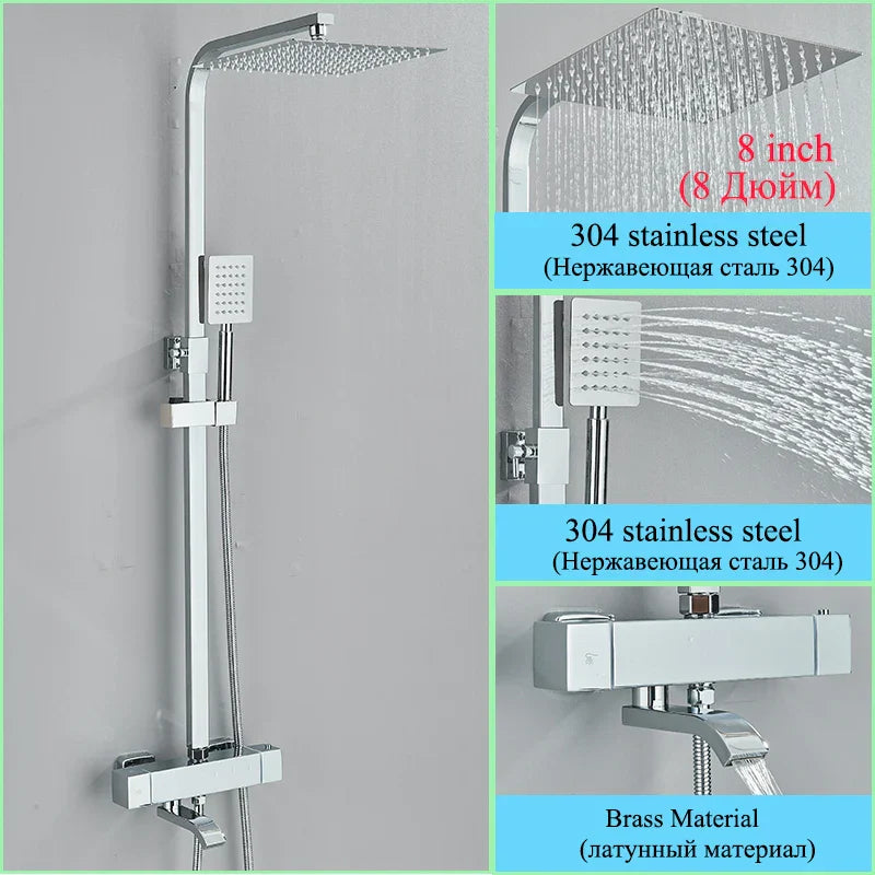Decorbites™ Golden Thermostatisches Duscharmatur-Set mit Regendusche-Säule und 3-Wege-Mischer