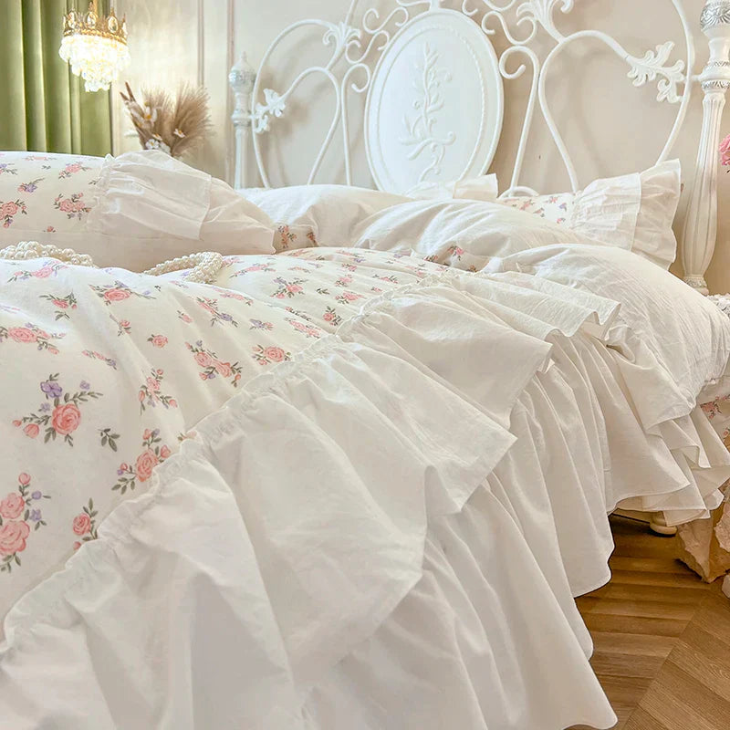 Decorbites™ Baumwoll-Bettwäsche-Set mit Blumenmuster und Falten-Spitzen-Volants, 4-teiliges Ensemble