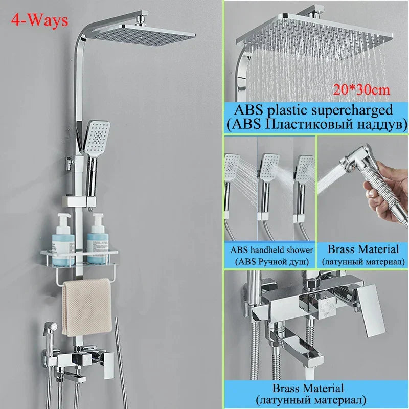 Decorbites™ Schwarze Messing-Duscharmatur-Set mit drehbarem Badewannen-Auslauf und Regendusche-Säule