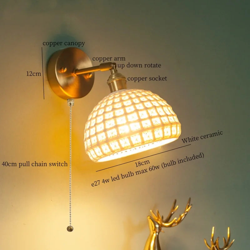 Decorbites™ Japanisches Vintage-LED-Wandleuchte Kupferarm Weißes Keramik Schlafzimmer-Dekor Loft